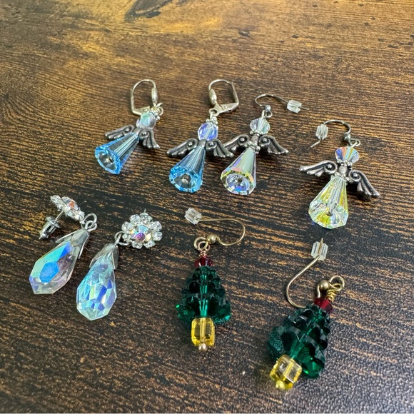Angel Tree Drop Crystal Earrings Bundle AB Red Green Vintage Handmade 4 Pairs - Picture 2 of 10